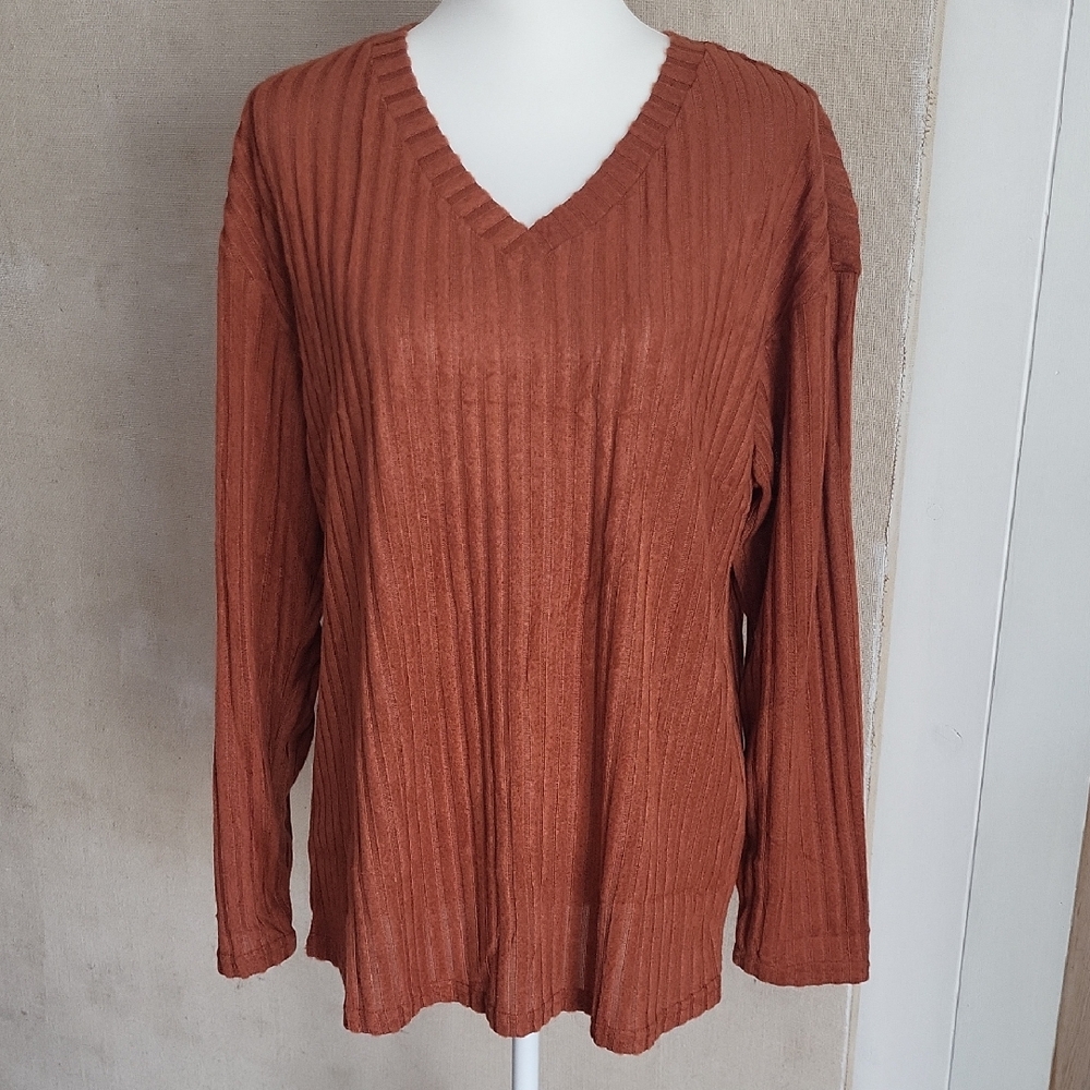 2 New Light Weight Ribbed Tops Rust 1 V-Neck Sweater, 1 Crew Neck L